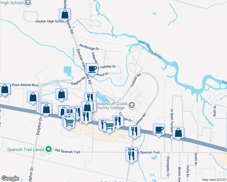 map of restaurants, bars, coffee shops, grocery stores, and more near 2401 Stine Road in Gautier
