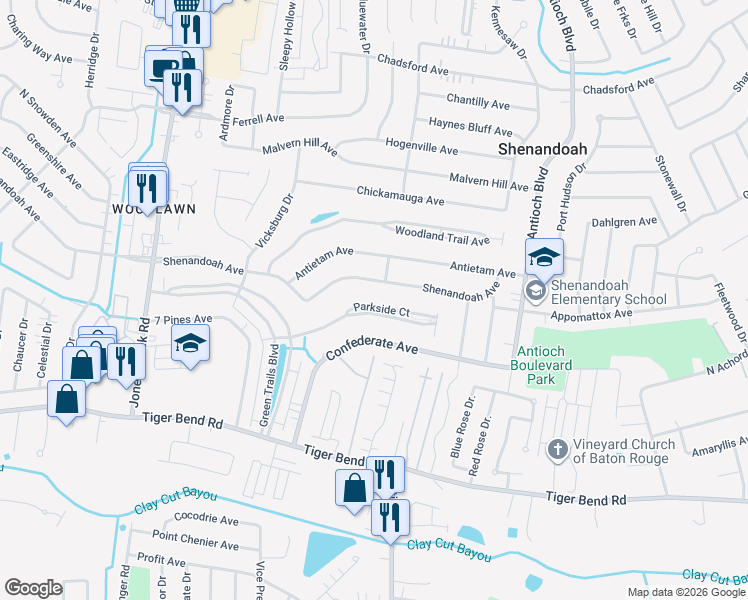 map of restaurants, bars, coffee shops, grocery stores, and more near 15944 Shenandoah Avenue in Baton Rouge