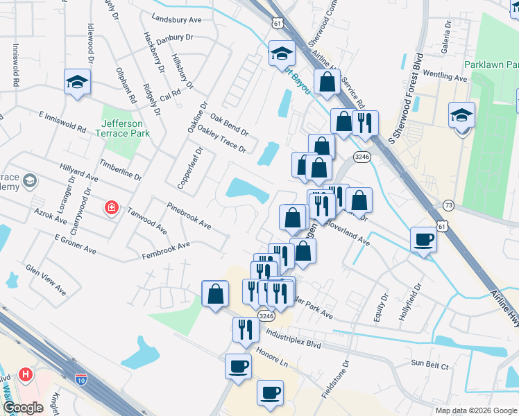 map of restaurants, bars, coffee shops, grocery stores, and more near 10989 North Shoreline Ave in Baton Rouge