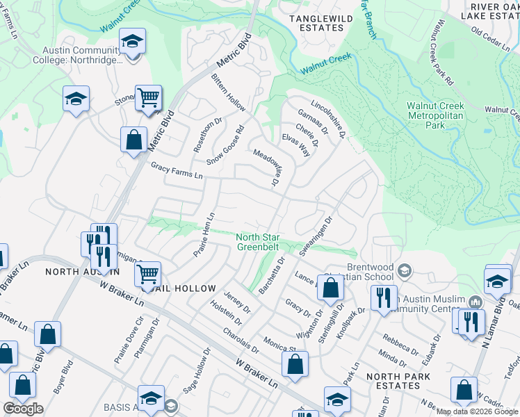 map of restaurants, bars, coffee shops, grocery stores, and more near 1609 Woodwind Lane in Austin