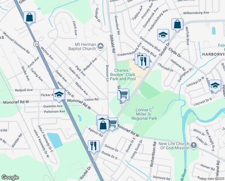 map of restaurants, bars, coffee shops, grocery stores, and more near 5427 Linda Lane in Jacksonville