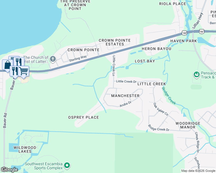 map of restaurants, bars, coffee shops, grocery stores, and more near 11418 Aruba Drive in Pensacola