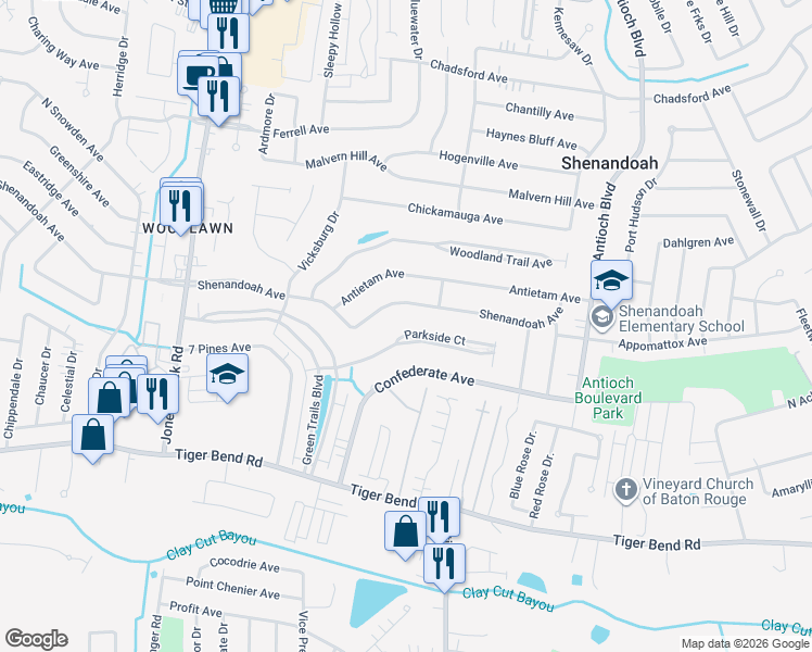 map of restaurants, bars, coffee shops, grocery stores, and more near 15726 Shenandoah Avenue in Baton Rouge
