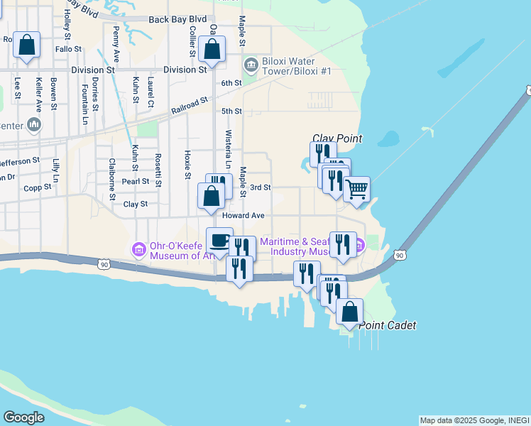 map of restaurants, bars, coffee shops, grocery stores, and more near 151 Pine Street in Biloxi