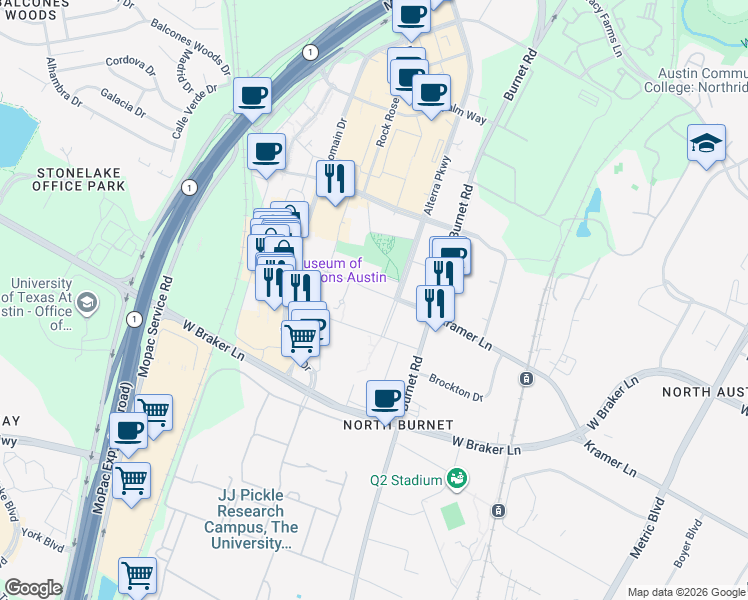 map of restaurants, bars, coffee shops, grocery stores, and more near 2818 Kramer Lane in Austin