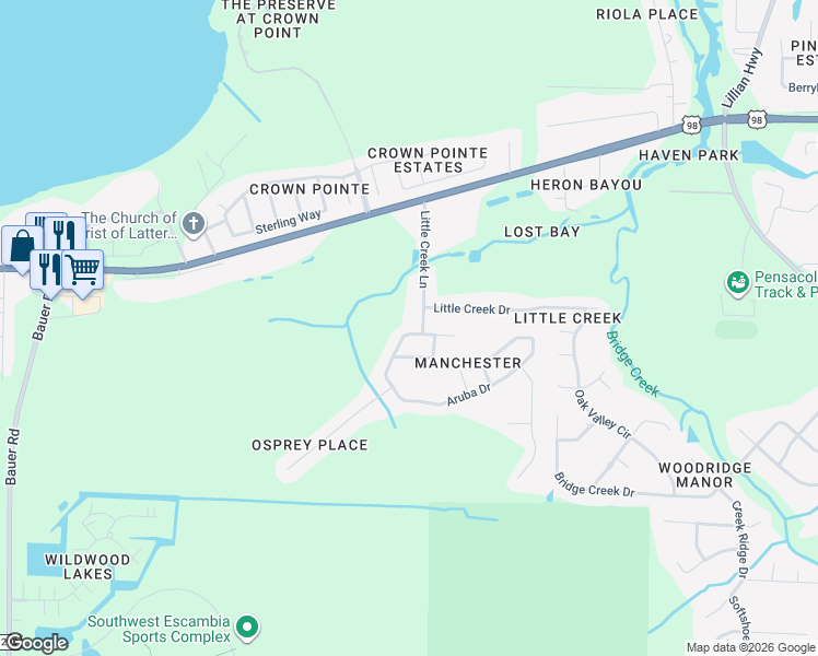 map of restaurants, bars, coffee shops, grocery stores, and more near 11418 Aruba Drive in Pensacola