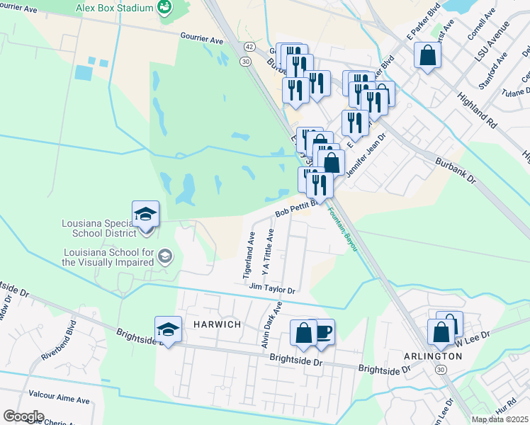 map of restaurants, bars, coffee shops, grocery stores, and more near 1306 Bob Pettit Boulevard in Baton Rouge