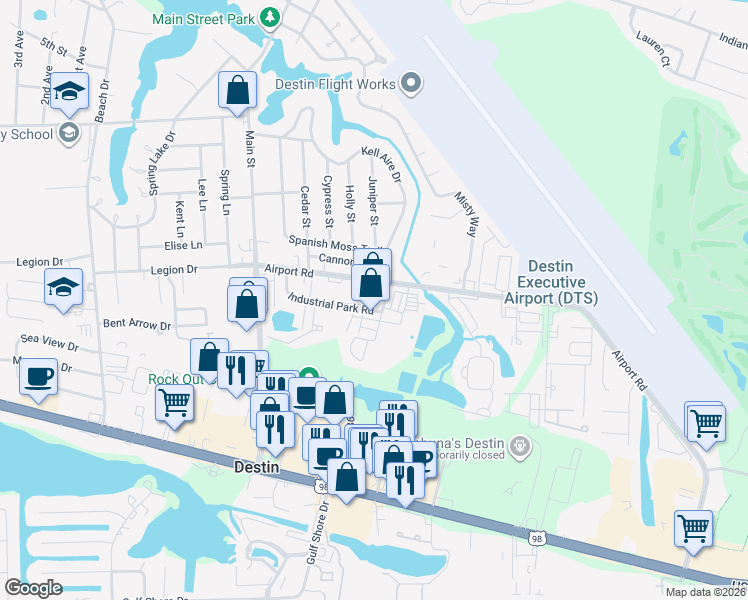 map of restaurants, bars, coffee shops, grocery stores, and more near 64-98 Industrial Park Lane in Destin