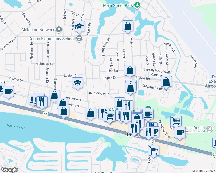 map of restaurants, bars, coffee shops, grocery stores, and more near 221 Indian Oaks Drive in Destin