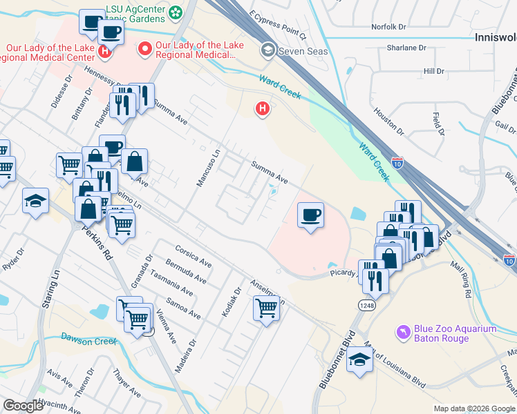 map of restaurants, bars, coffee shops, grocery stores, and more near 5038 Summa Court in Baton Rouge