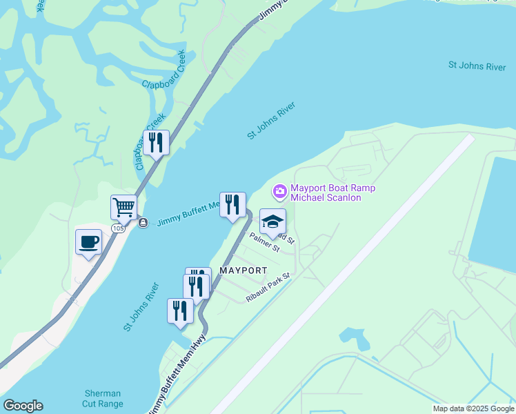 map of restaurants, bars, coffee shops, grocery stores, and more near 4780 Ocean Street in Jacksonville