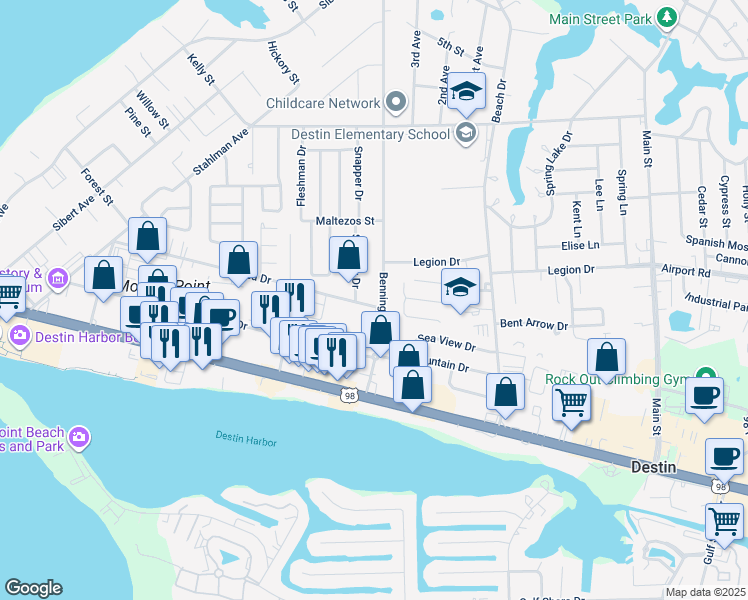 map of restaurants, bars, coffee shops, grocery stores, and more near 206 Snapper Drive in Destin