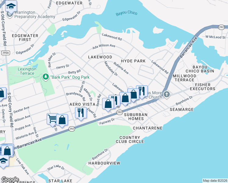 map of restaurants, bars, coffee shops, grocery stores, and more near 105 Lakewood Road in Pensacola
