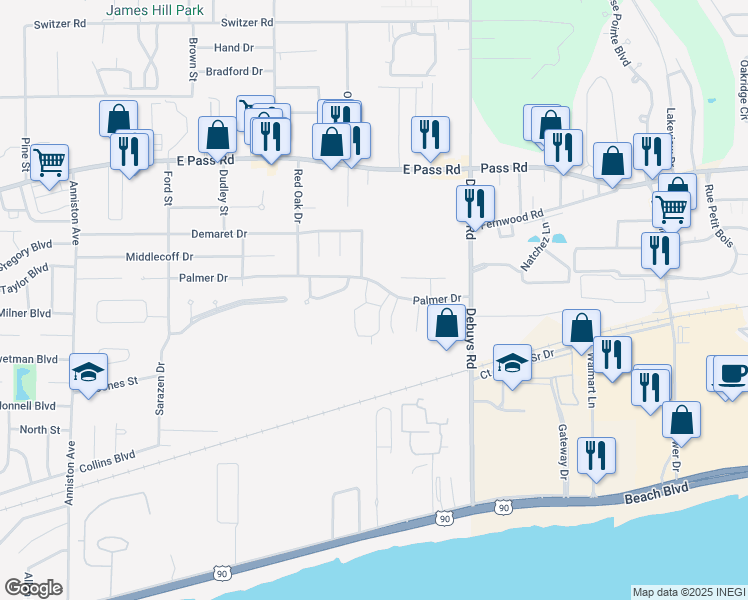 map of restaurants, bars, coffee shops, grocery stores, and more near 2720 Palmer Drive in Gulfport