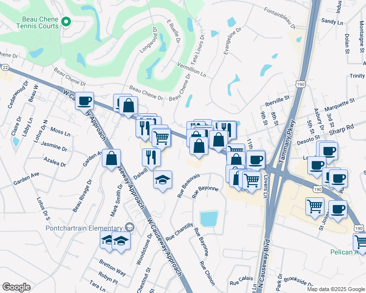 map of restaurants, bars, coffee shops, grocery stores, and more near 4300 Louisiana 22 in Mandeville