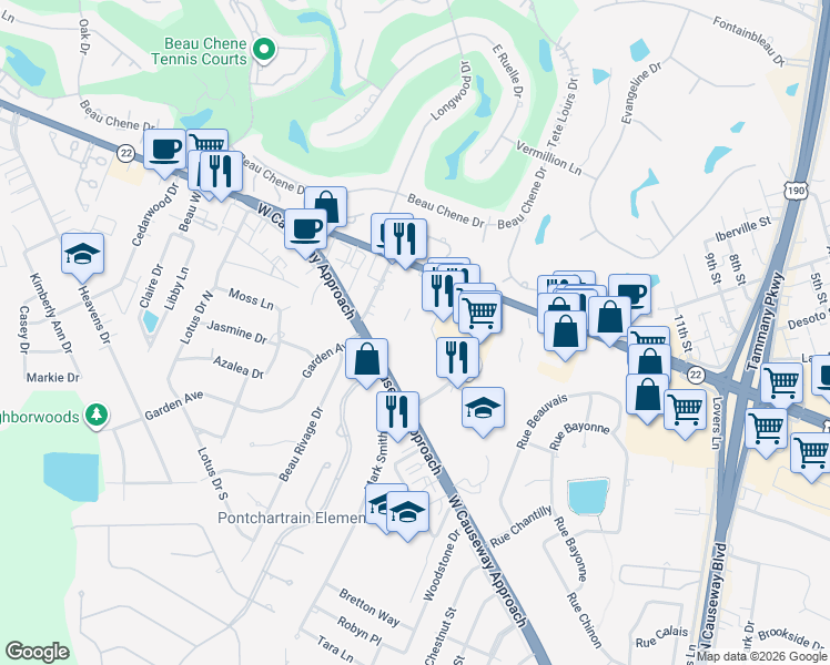 map of restaurants, bars, coffee shops, grocery stores, and more near 4430 Louisiana 22 in Mandeville