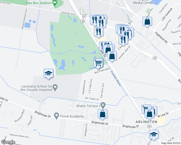 map of restaurants, bars, coffee shops, grocery stores, and more near 1306 Bob Pettit Boulevard in Baton Rouge