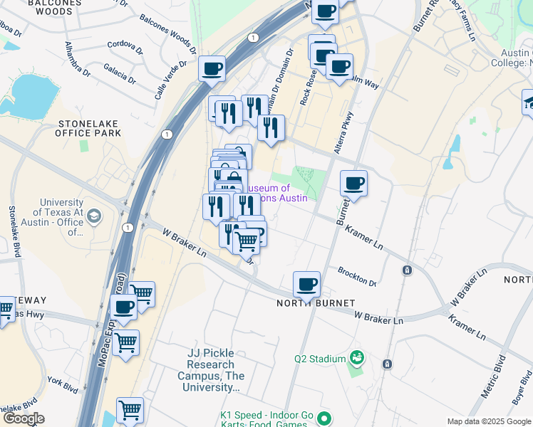 map of restaurants, bars, coffee shops, grocery stores, and more near 3101 Kramer Lane in Austin