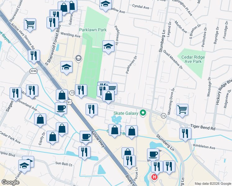 map of restaurants, bars, coffee shops, grocery stores, and more near 12424 Parktrail Avenue in Baton Rouge