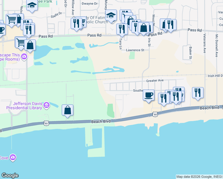 map of restaurants, bars, coffee shops, grocery stores, and more near 172 Orchid Street in Biloxi