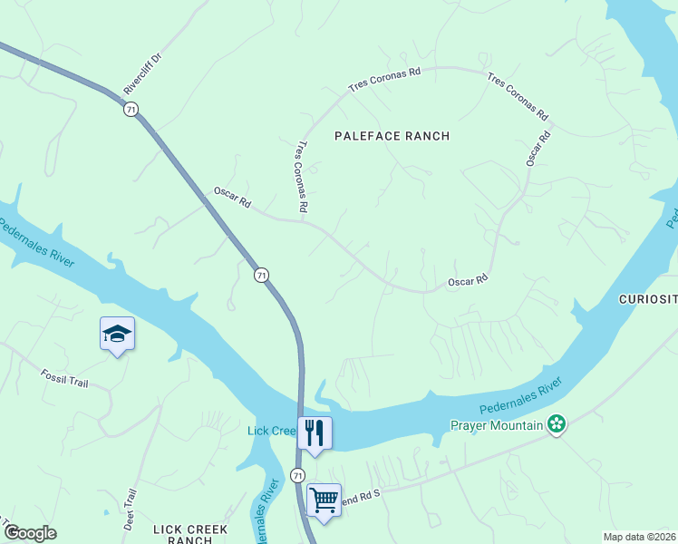 map of restaurants, bars, coffee shops, grocery stores, and more near 23917 Oscar Road in Spicewood