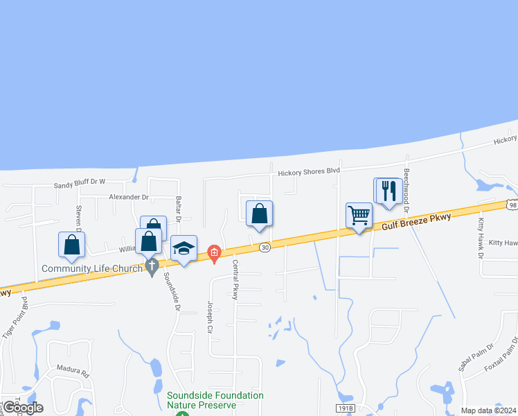 map of restaurants, bars, coffee shops, grocery stores, and more near 1638 Chickasaw Trail in Gulf Breeze