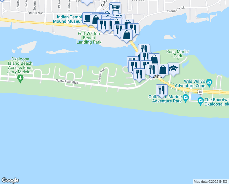 map of restaurants, bars, coffee shops, grocery stores, and more near in Okaloosa Island