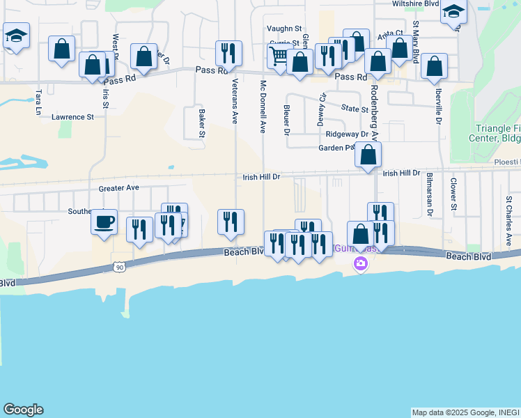 map of restaurants, bars, coffee shops, grocery stores, and more near 155 Mc Donnell Avenue in Biloxi