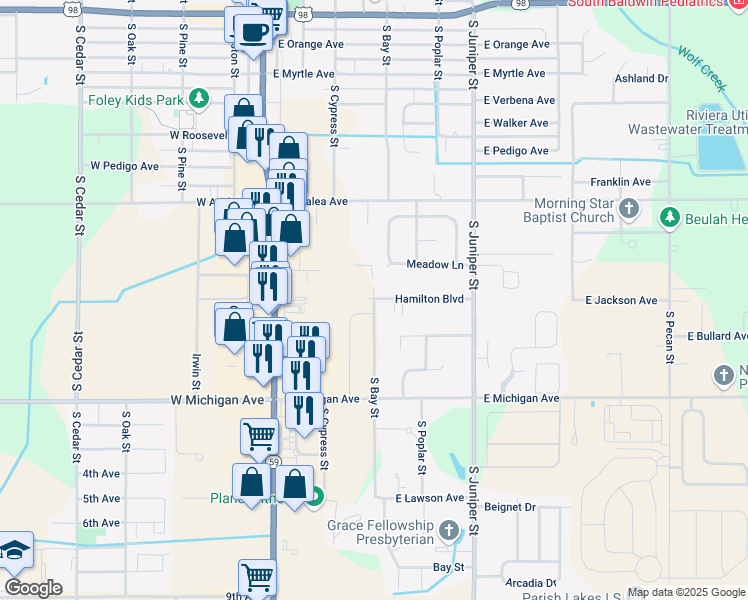map of restaurants, bars, coffee shops, grocery stores, and more near 1099 S Bay St in Foley