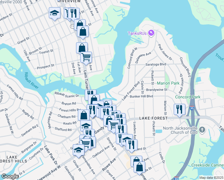map of restaurants, bars, coffee shops, grocery stores, and more near 7906 Concord Boulevard West in Jacksonville