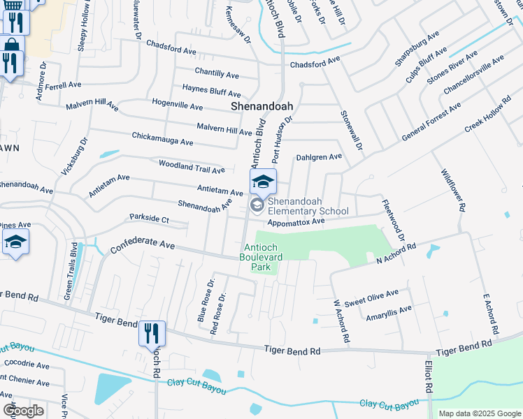 map of restaurants, bars, coffee shops, grocery stores, and more near 16555 Appomattox Avenue in Baton Rouge