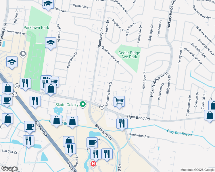 map of restaurants, bars, coffee shops, grocery stores, and more near 6046 Mourning Dove Drive in Baton Rouge