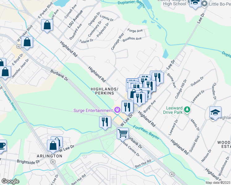 map of restaurants, bars, coffee shops, grocery stores, and more near 5130 Highland Road in Baton Rouge