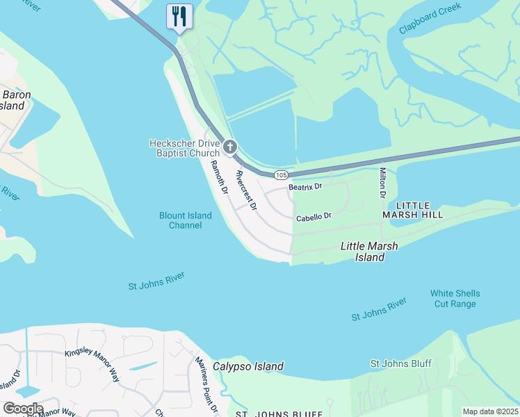 map of restaurants, bars, coffee shops, grocery stores, and more near 6712 Rivercrest Drive in Jacksonville