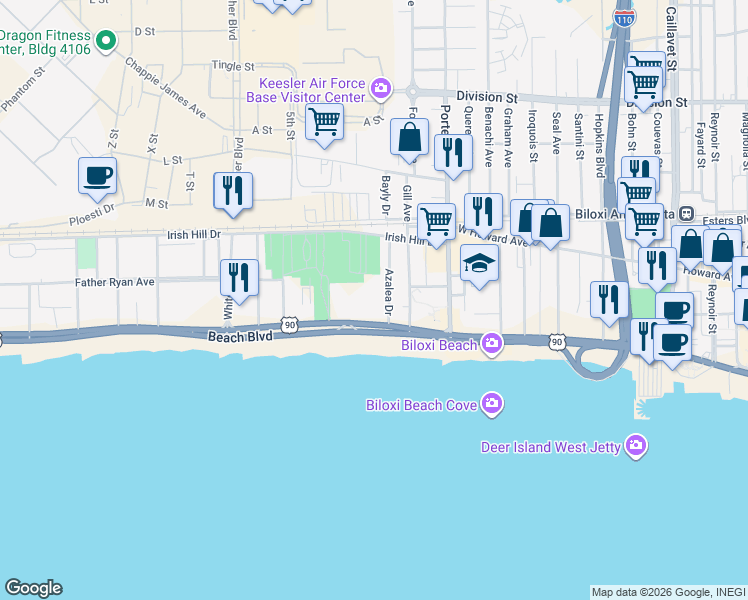 map of restaurants, bars, coffee shops, grocery stores, and more near 1130 Beach Boulevard in Biloxi