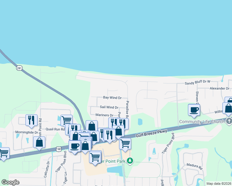 map of restaurants, bars, coffee shops, grocery stores, and more near 3885 Captains Court in Gulf Breeze