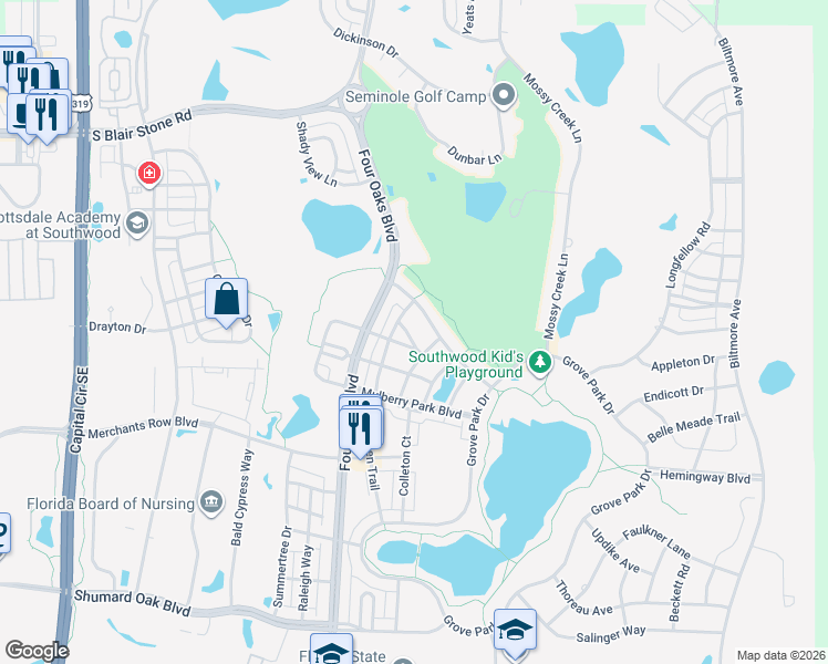 map of restaurants, bars, coffee shops, grocery stores, and more near 3156 Iberville Way in Tallahassee