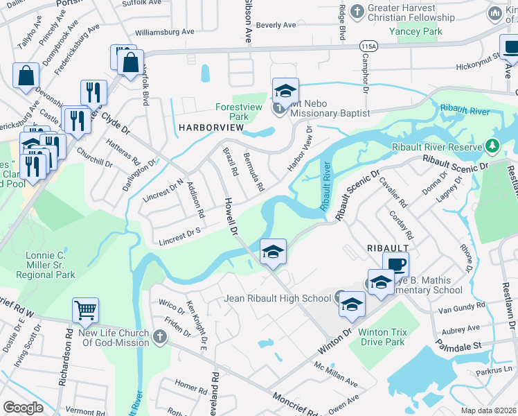 map of restaurants, bars, coffee shops, grocery stores, and more near 4218 Harbor View Drive in Jacksonville