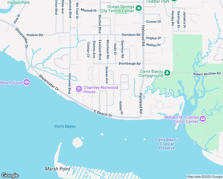 map of restaurants, bars, coffee shops, grocery stores, and more near 112 La Branche Avenue in Ocean Springs