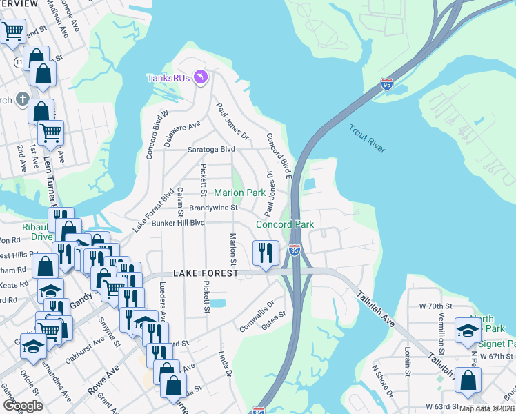 map of restaurants, bars, coffee shops, grocery stores, and more near 8015 Lexington Drive in Jacksonville