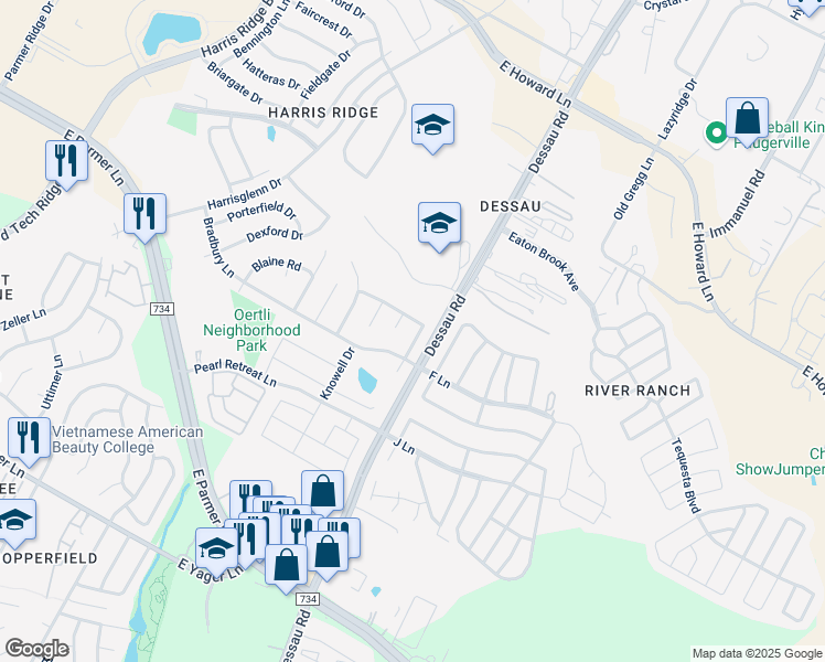 map of restaurants, bars, coffee shops, grocery stores, and more near 12725 Linford Drive in Austin
