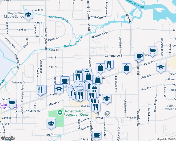 map of restaurants, bars, coffee shops, grocery stores, and more near 753 Courthouse Road in Gulfport