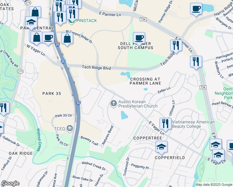 map of restaurants, bars, coffee shops, grocery stores, and more near 402 East Yager Lane in Austin