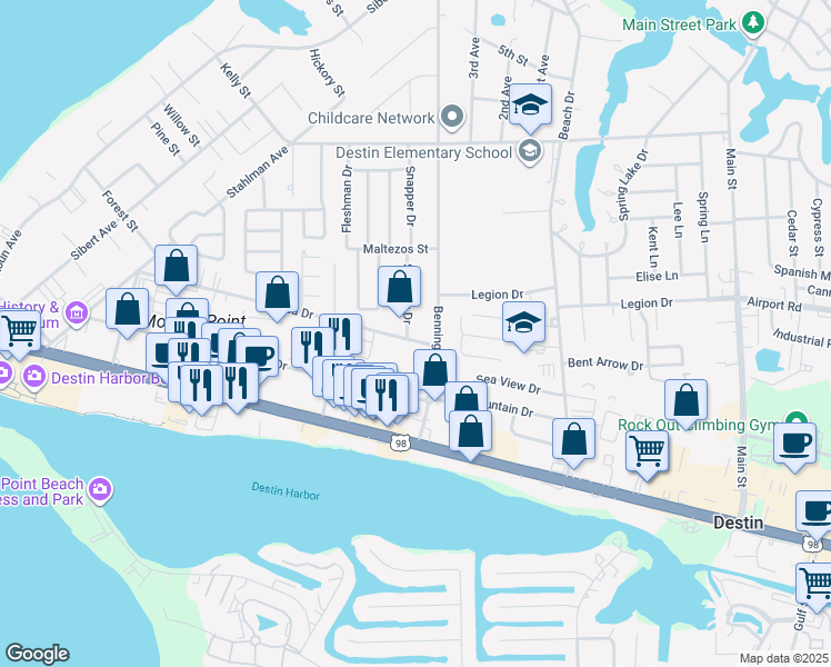 map of restaurants, bars, coffee shops, grocery stores, and more near 539 Azalea Drive in Destin