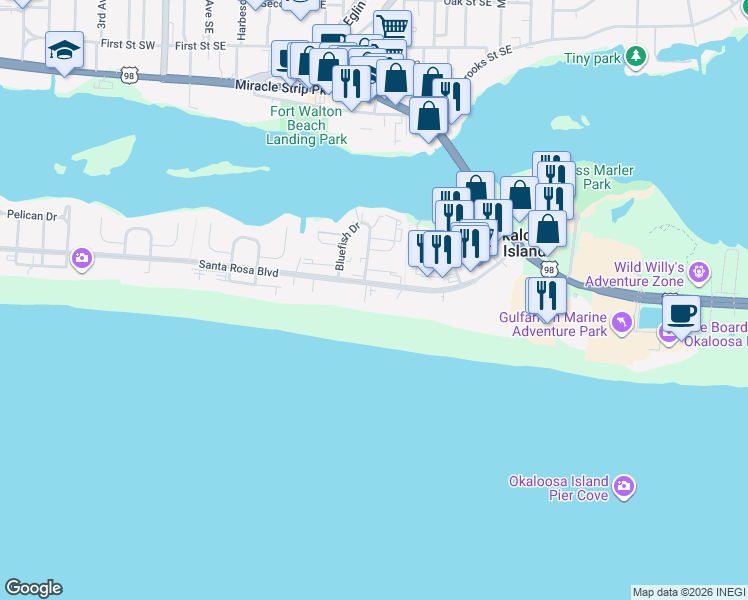 map of restaurants, bars, coffee shops, grocery stores, and more near 376 Santa Rosa Boulevard in Fort Walton Beach