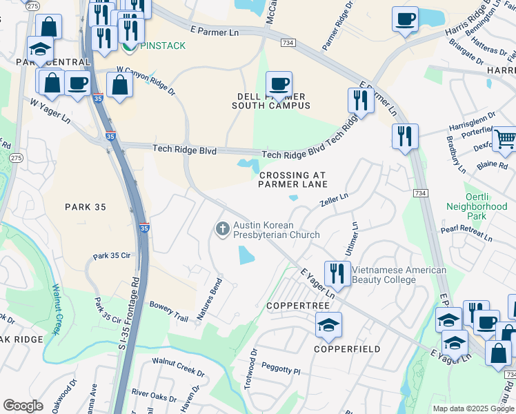 map of restaurants, bars, coffee shops, grocery stores, and more near 12443 Tech Ridge Boulevard in Austin