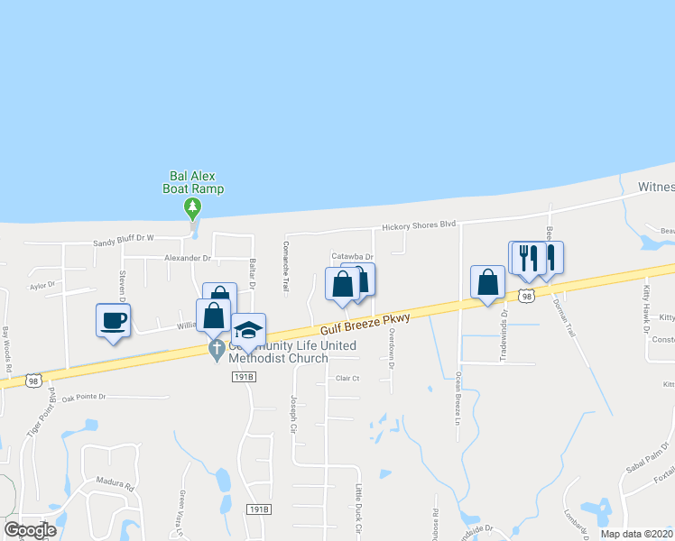 map of restaurants, bars, coffee shops, grocery stores, and more near 1636 Comanche Trail in Gulf Breeze