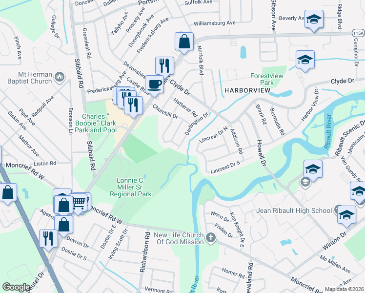 map of restaurants, bars, coffee shops, grocery stores, and more near 8539 Darlington Drive in Jacksonville