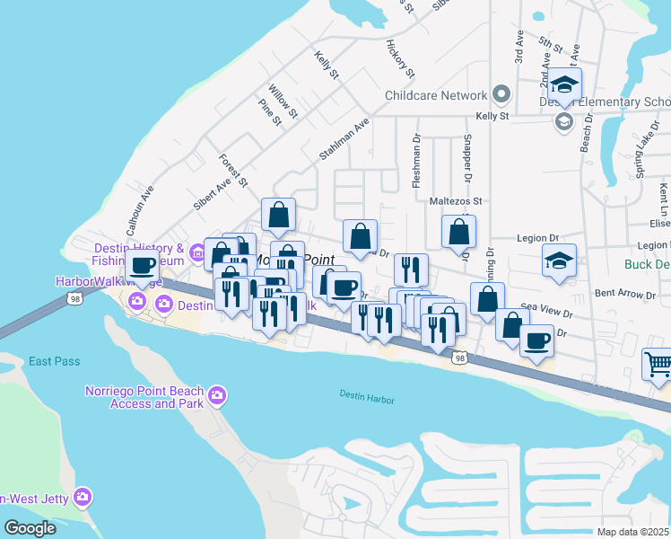 map of restaurants, bars, coffee shops, grocery stores, and more near 235 Pelican Place in Destin