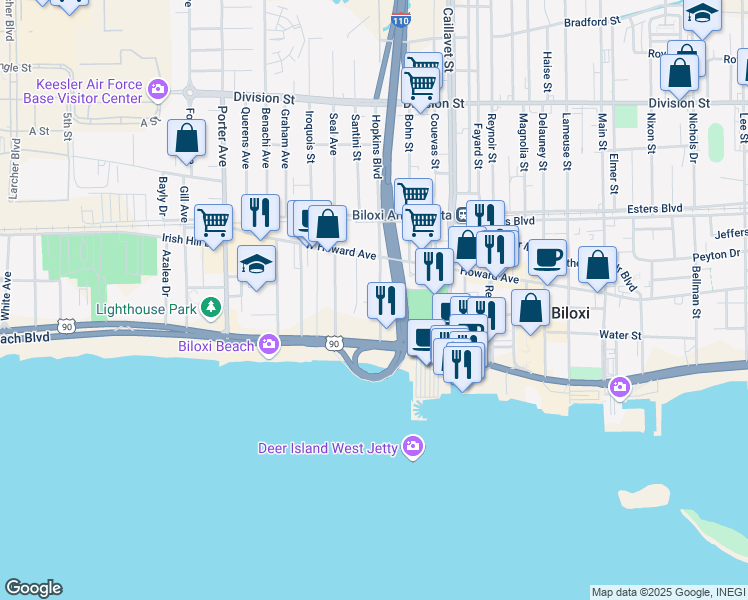 map of restaurants, bars, coffee shops, grocery stores, and more near 130 Baltar Lane in Biloxi